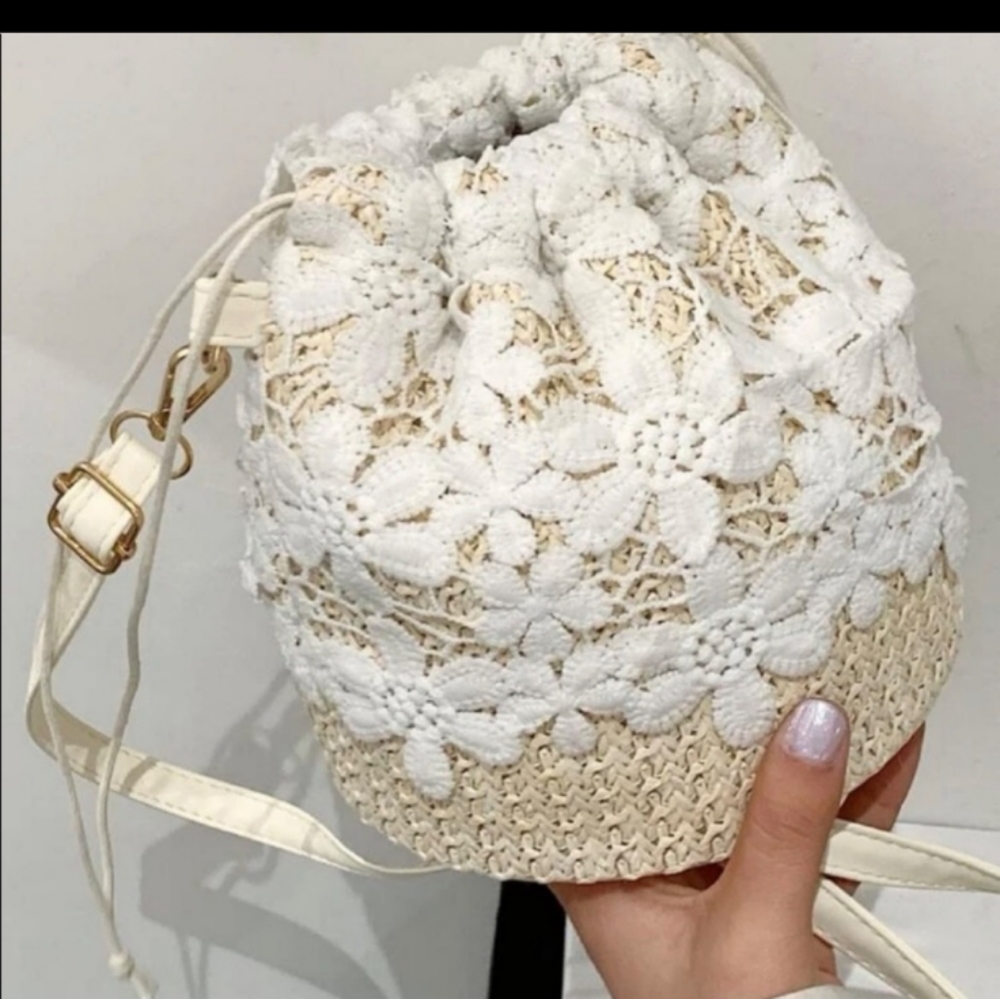 Straw & White Lace Drawstring Bucket Bags